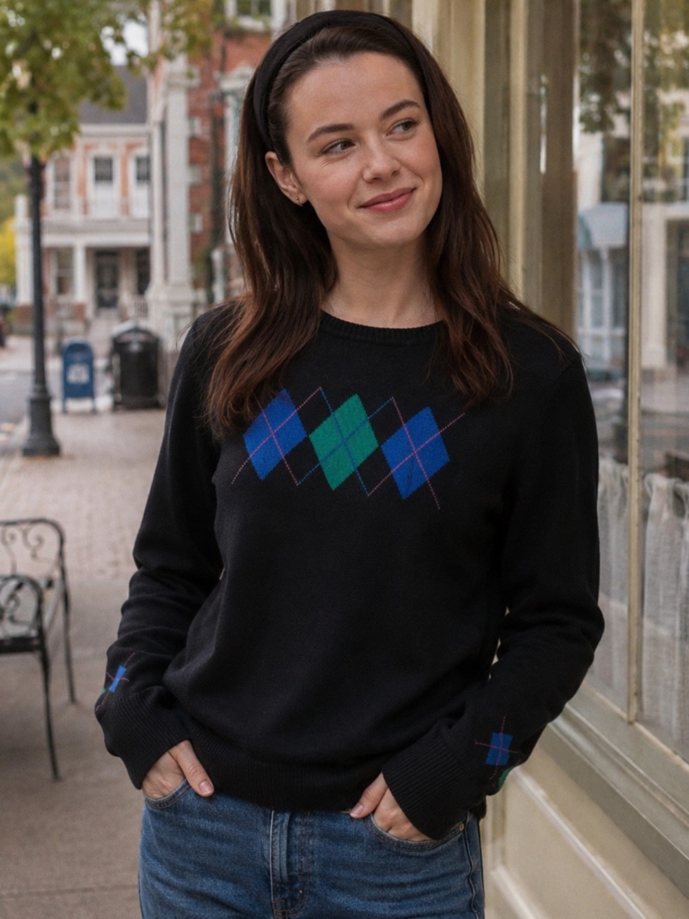 Preppy Argyle Crewneck Sweater Black Blue Size Large 100% Cotton Kim Rogers